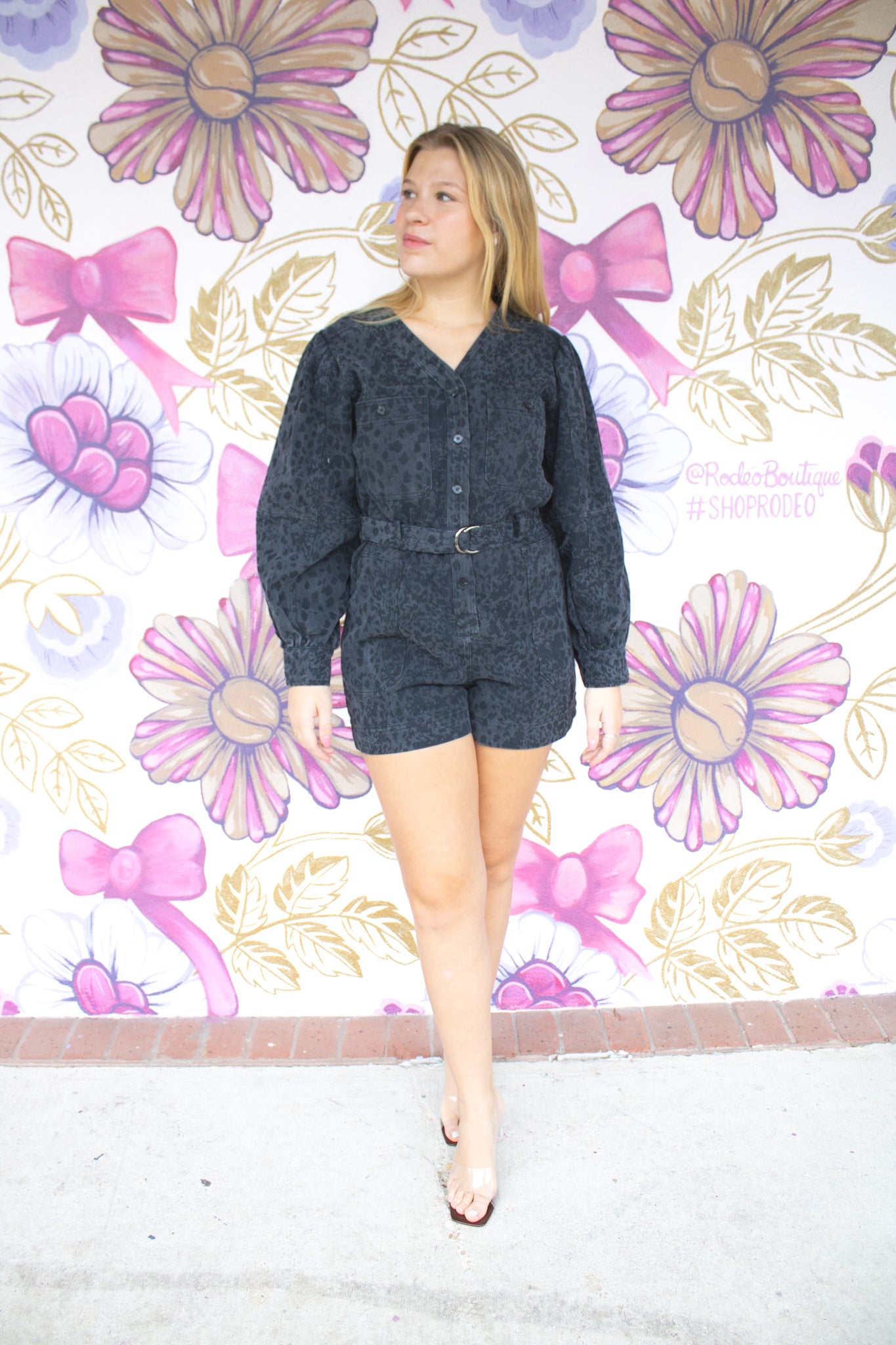 Animal print denim romper black
