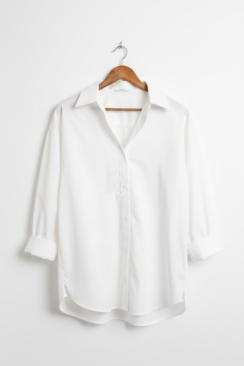 White shirt on a wooden hanger against a white background