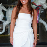 Blake Dress by ASTR white strapless mini dress with a draped wrap skirt