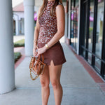 Mid Rise Suede Mini Skort with Slit Detail - Espresso Brown