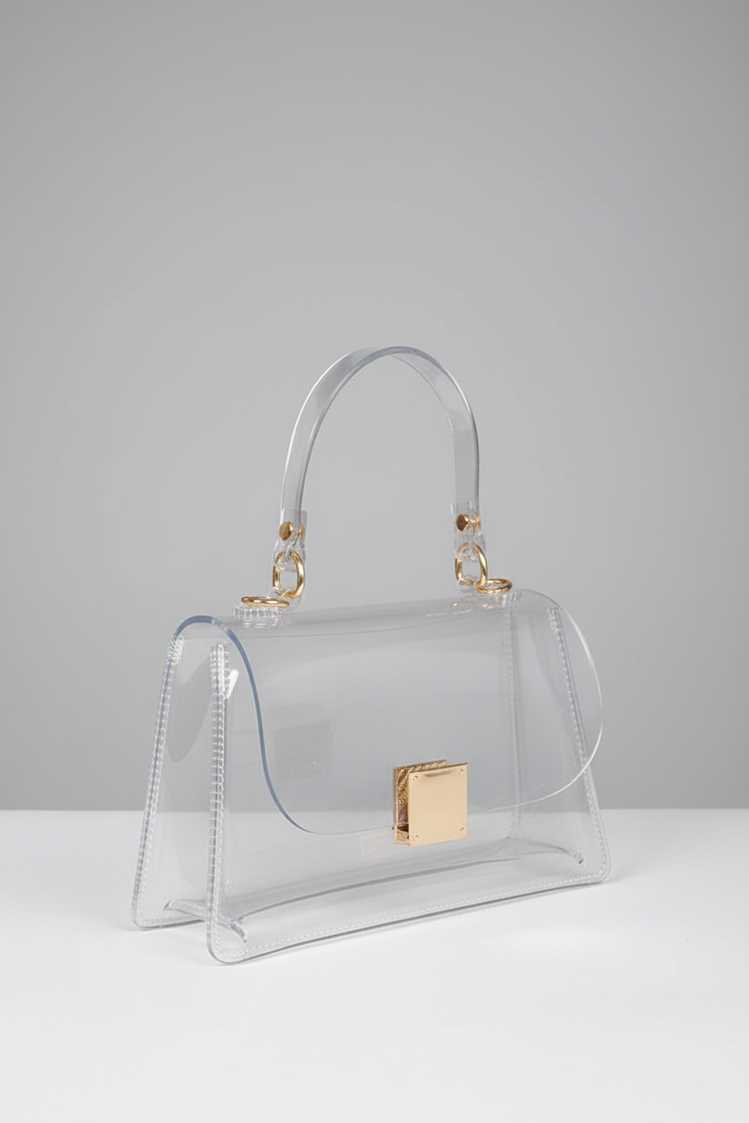 A clear transparent handbag with a curved top handle, gold-tone hardware, and a gold square clasp, photographed on a light gray studio background.