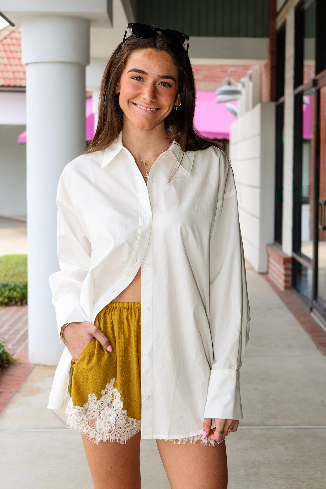Steve Madden Daisee mustard yellow shorts with lace and white button down