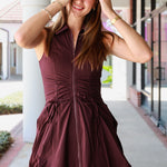 Steve Madden Daisie Sleeveless Ruched Bubble Hem Dress - Deep Fig 
