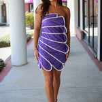Strapless Mini Dress with Overlapped Scallop Panels - Purple/White