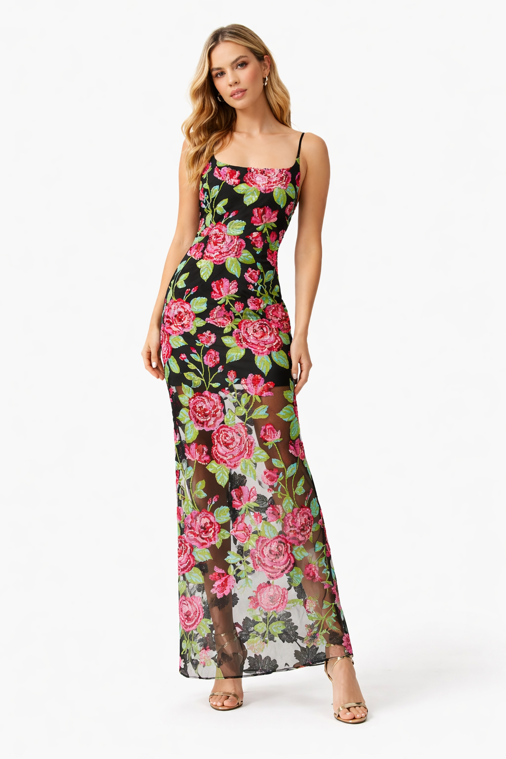 Woman wearing a Lyra Dress by Elliatt floral dress on a white background