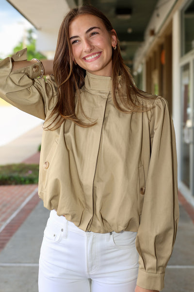 ASTR The Label Estero Gathered Sleeve Bomber Jacket - Khaki
