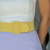 Fae Romper, Amanda Uprichard —a purple yellow strapless color-block mini
