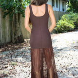 Back view: Brown Drop Waist Midi Mixed Media Dress - ASTR Glena | Rodéo Boutique