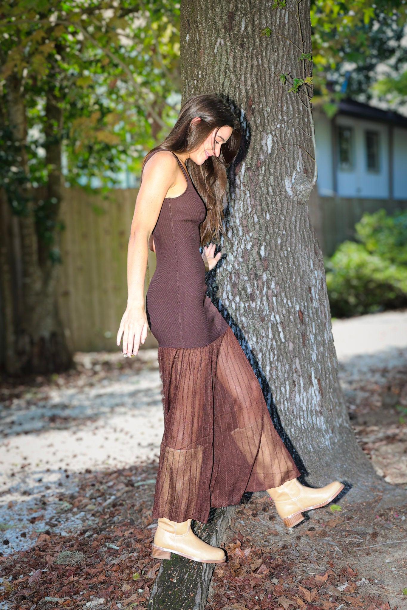 Brown Drop Waist Midi Mixed Media Dress - ASTR Glena | Rodéo Boutique