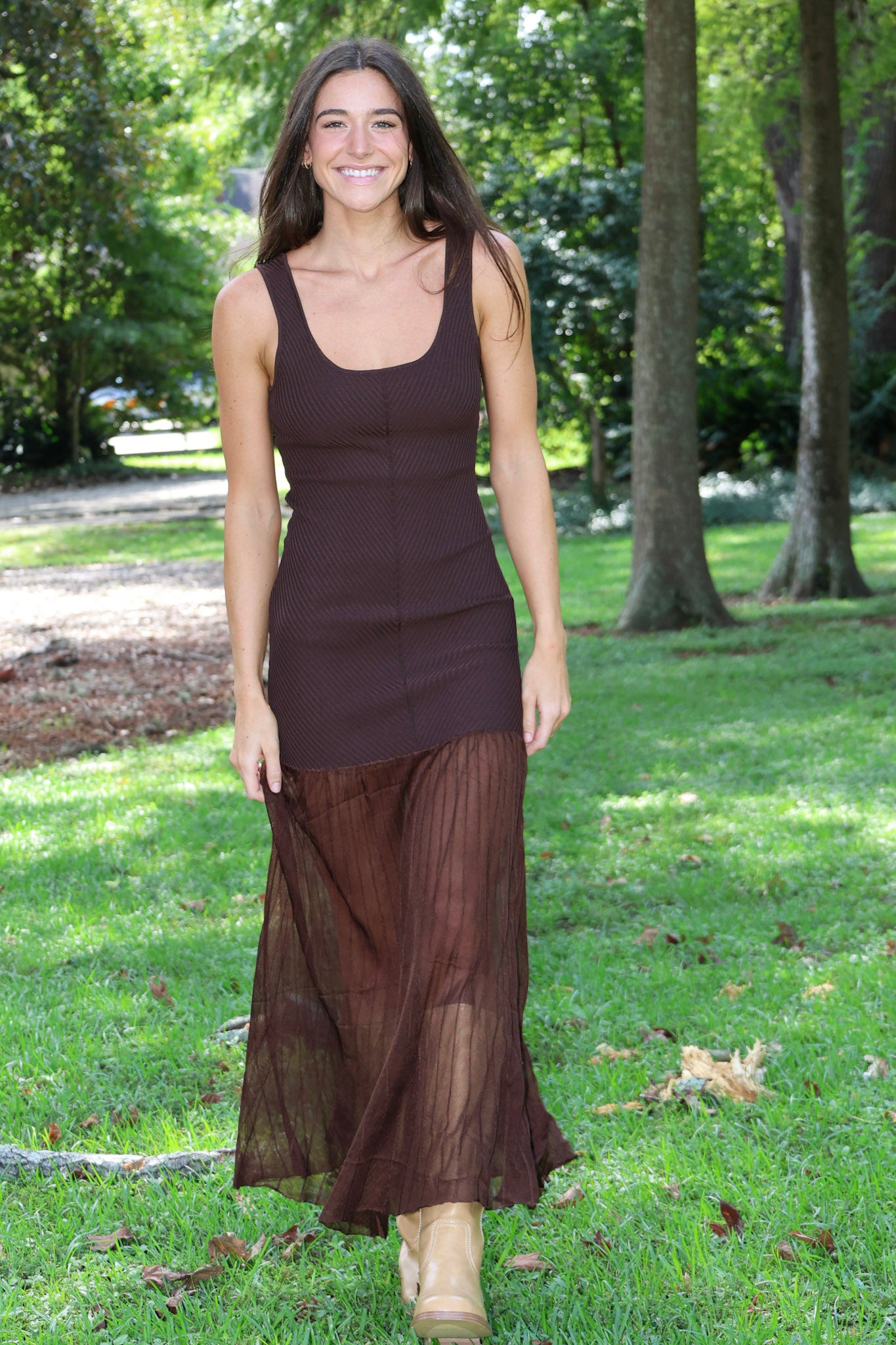 Brown Drop Waist Sleeveless  Midi Mixed Media Dress - ASTR Glena | Rodéo Boutique
