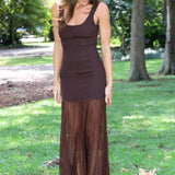 Brown Drop Waist Midi Mixed Media Dress - ASTR Glena | Rodéo Boutique sleeveless dark brown dress with a solid bodice and a sheer pleated maxi skirt.