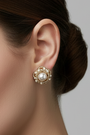 Close-up of an ear wearing a decorative earring with a pearl center on a neutral background