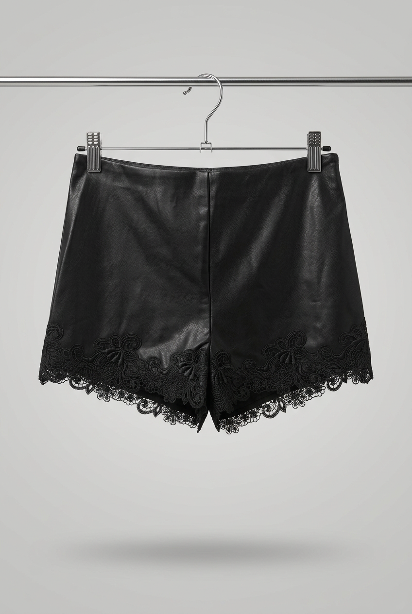 Black faux leather shorts with a floral lace hem, hanging from a wooden hanger with metal clips against a textured beige wall.