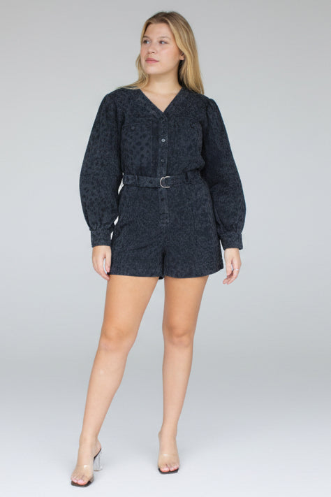 Animal print denim romper black