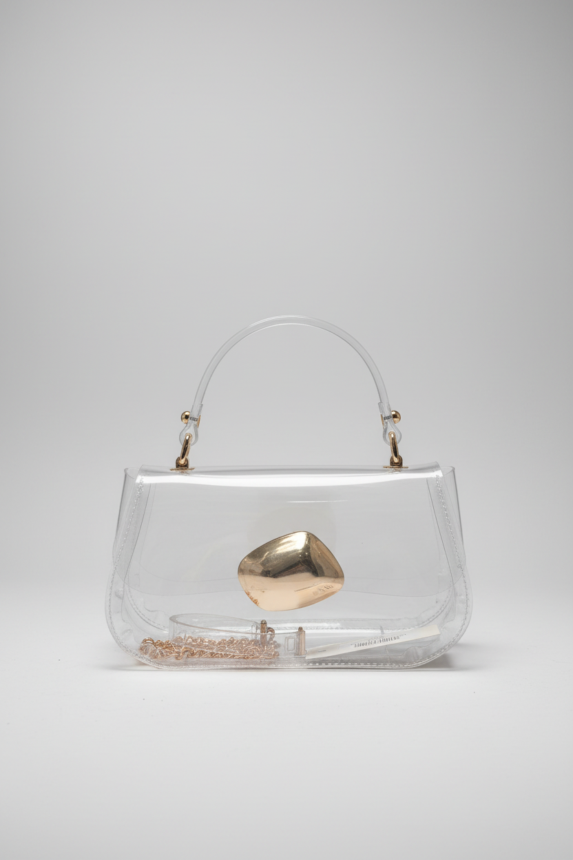 A clear vinyl handbag with a curved top handle, gold-tone hardware, and a prominent metallic gold geometric clasp, photographed on a neutral light gray background.