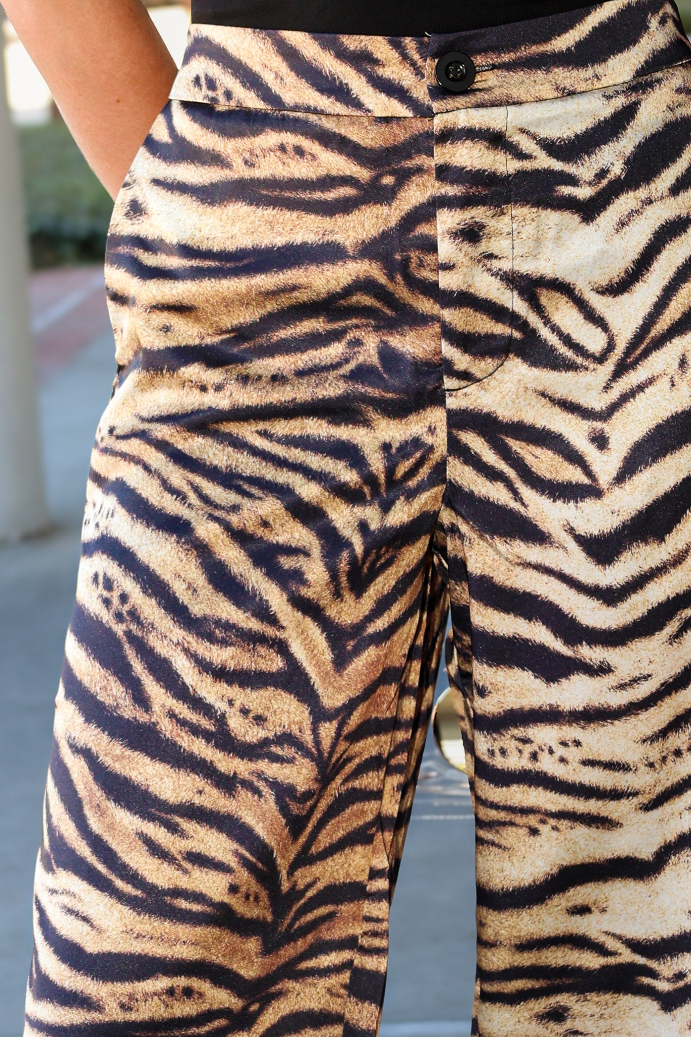 Close-up of a person wearing tiger-print pants with a beige base and bold black stripes, shown from the waist down.