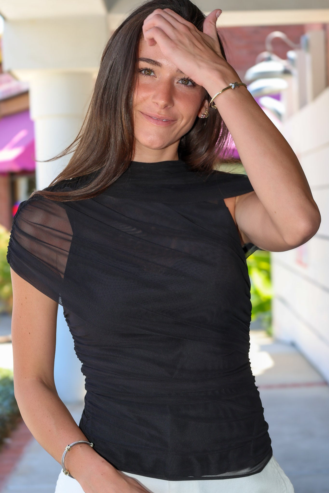 Kerry Mesh Top by Steve Madden short-sleeve top with sheer mesh shoulder panels at Rodeo Boutique.