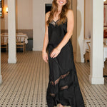 Z Supply Kori Satin Lace Trim Cami and Midi Skirt. black satin slip set with lace trim.