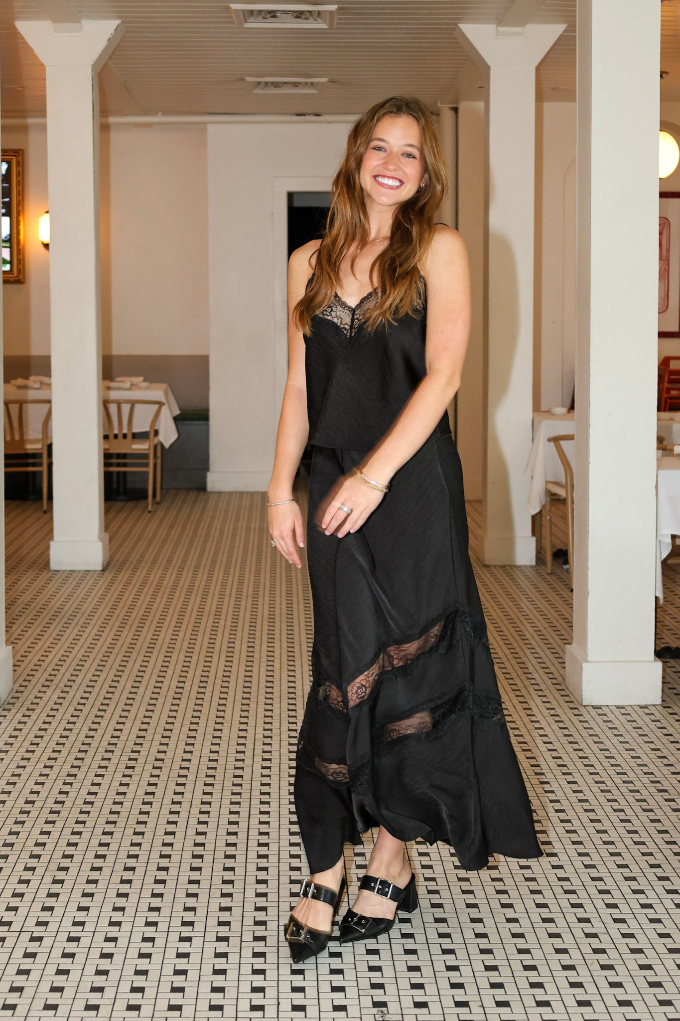 Z Supply Kori Satin Lace Trim Cami and Midi Skirt. black satin slip set with lace trim.