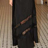 Z Supply Kori Satin Lace Trim Cami and Midi Skirt. black satin slip set with lace trim.