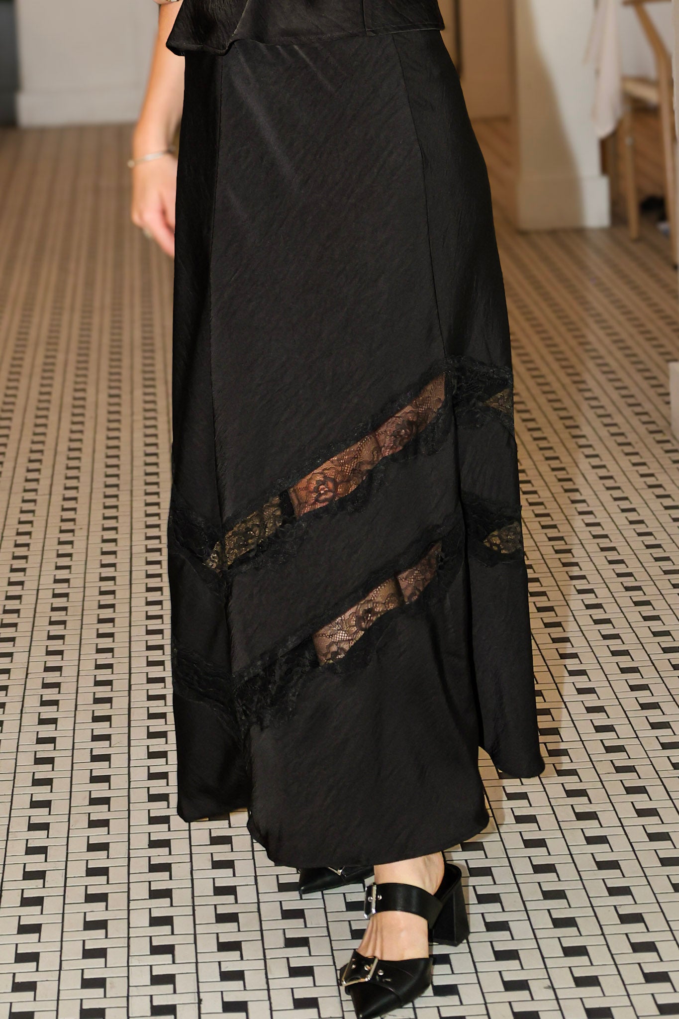 Z Supply Kori Satin Lace Trim Cami and Midi Skirt. black satin slip set with lace trim.