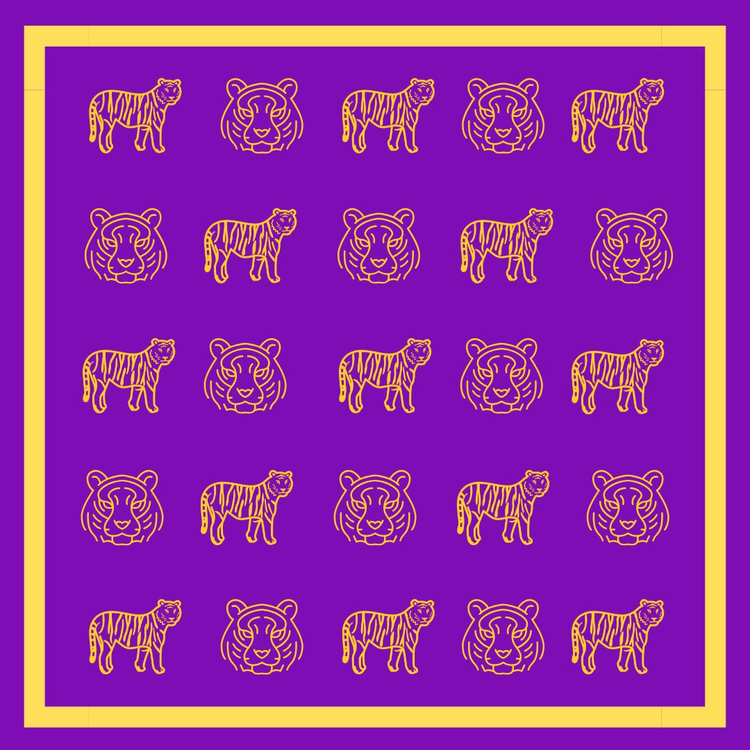 Yellow tiger illustrations on a purple background with a yellow border