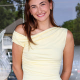 Mariposa Top, NIA  fitted, body-skimming  with an asymmetric one-shoulder neckline paired with the Sueno Skirt.