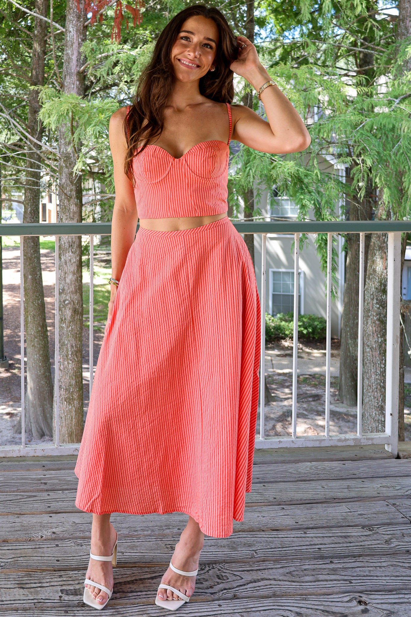 ASTR The Label Maya Top — red and pink striped sleeveless bustier crop top with sweetheart neckline with matching a-line skirt.