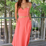 ASTR The Label Maya Top — red and pink striped sleeveless bustier crop top with sweetheart neckline with matching a-line skirt.