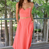 ASTR The Label Maya Top — red and pink striped sleeveless bustier crop top with sweetheart neckline with matching a-line skirt.