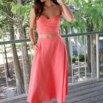 ASTR The Label Myria Skirt — red and pink striped midi skirt with pockets