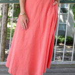 ASTR The Label Myria Skirt — red and pink striped midi skirt with pockets