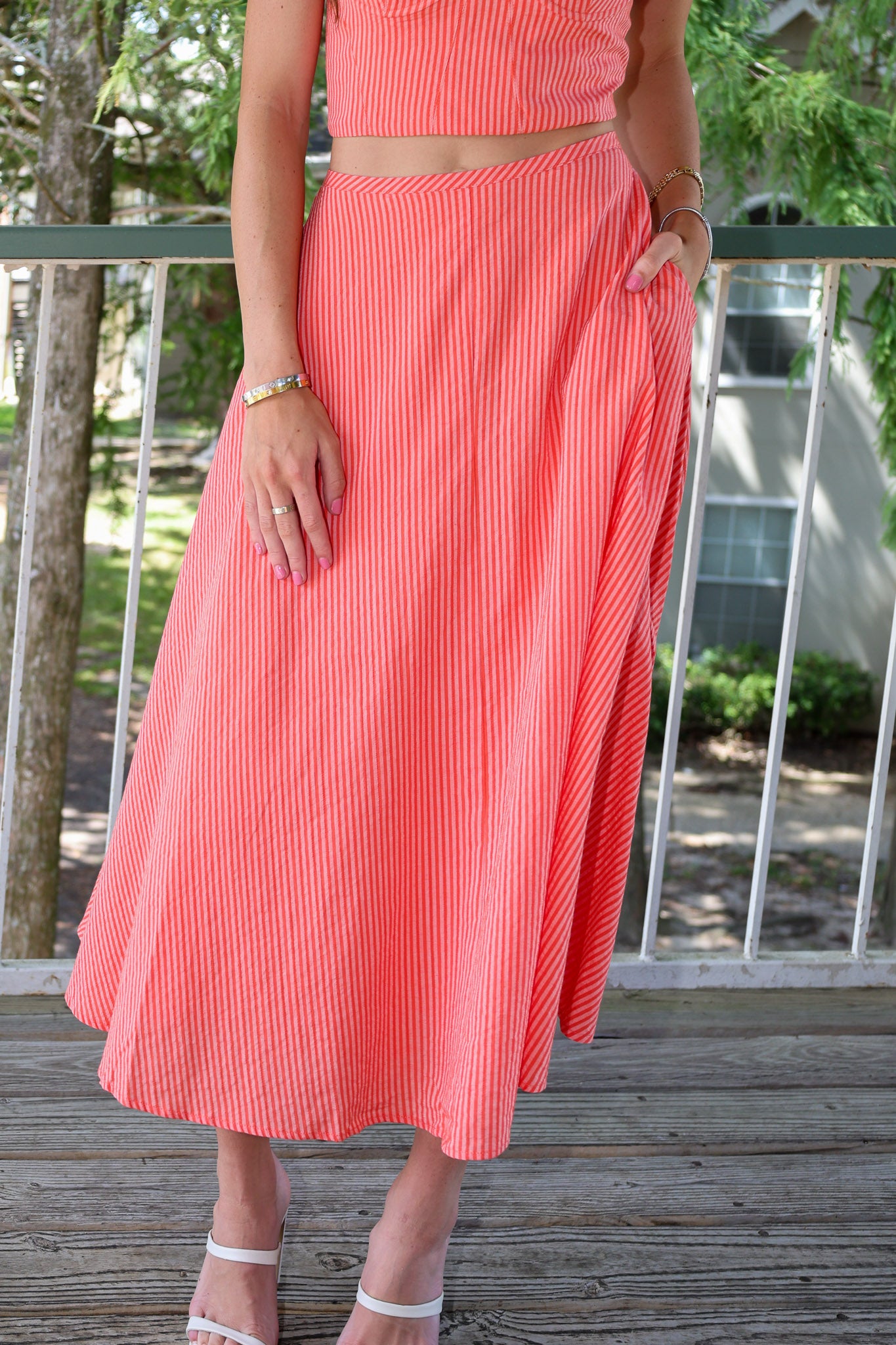 ASTR The Label Myria Skirt — red and pink striped midi skirt with pockets