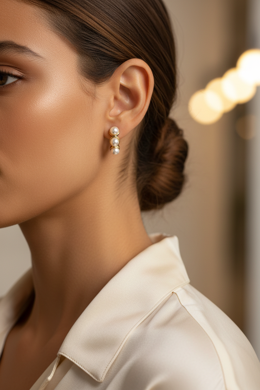 A close-up side profile of a woman wearing a delicate gold and pearl drop huggie earring,