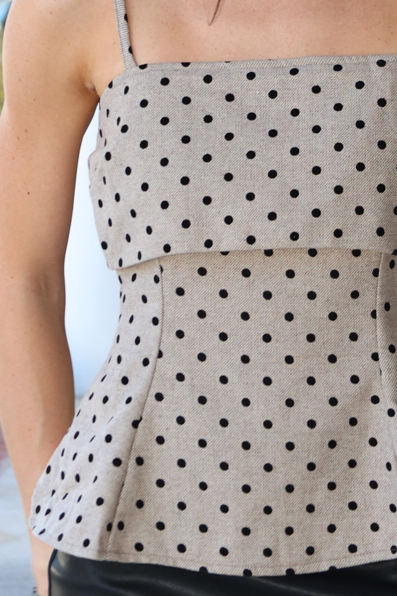 Polka Dot Fit and Flare Top with Layered Bust Panel - Tan/Black with Leather mini Skirt