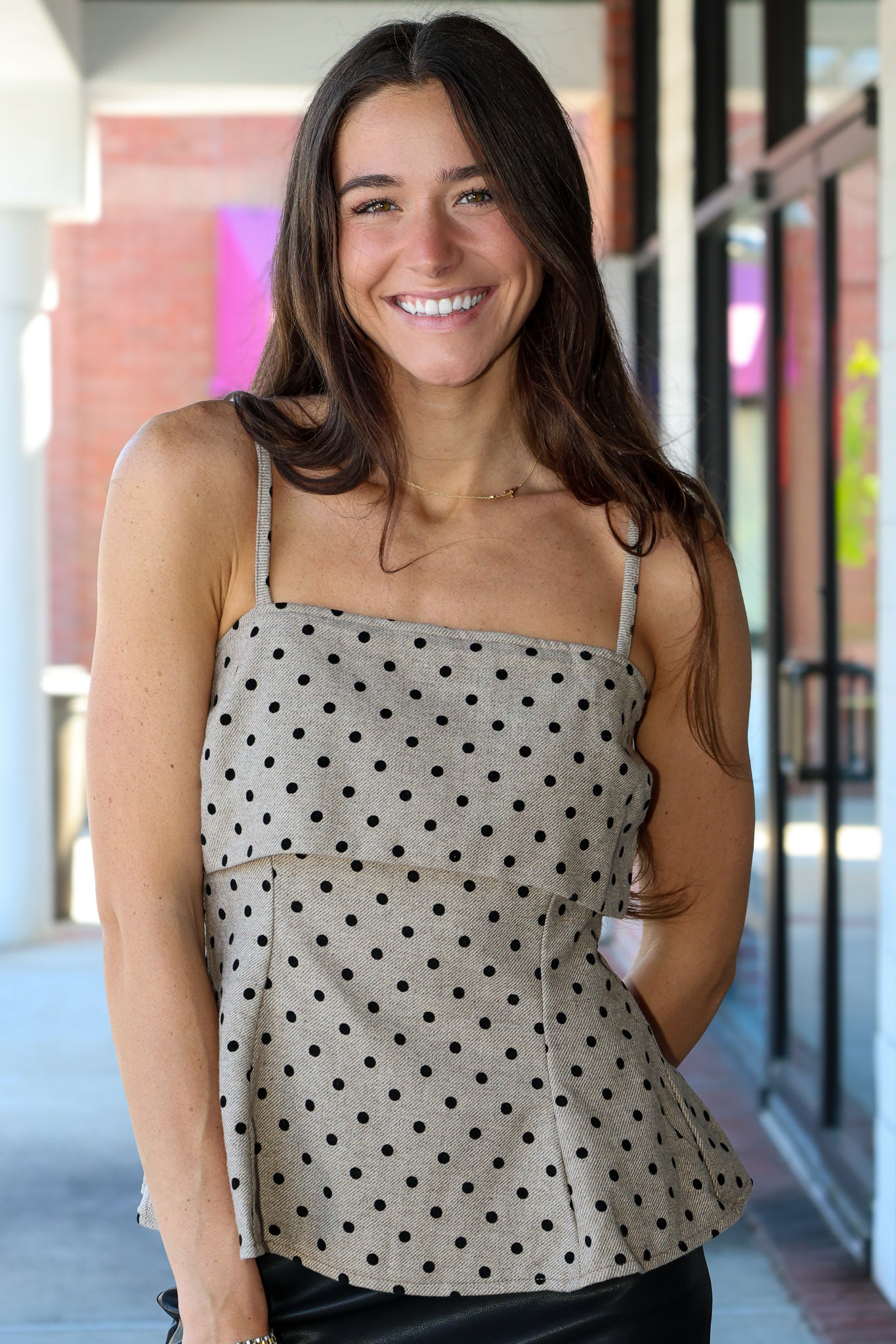 Polka Dot Fit and Flare Top with Layered Bust Panel - Tan/Black