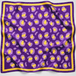 A square purple silk scarf with a yellow and light purple abstract pattern and a yellow border, displayed flat against a white background.
