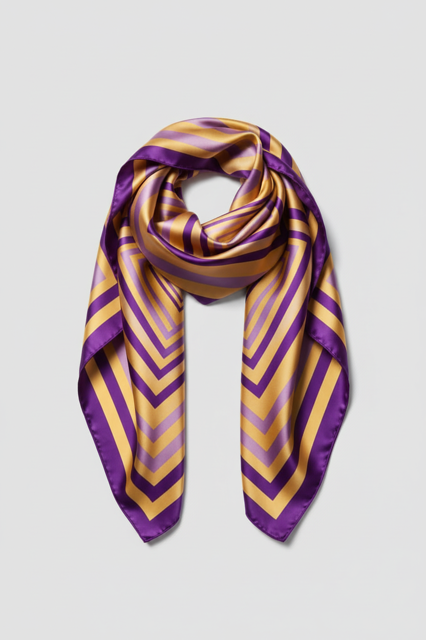 A square silk scarf featuring a geometric pattern of concentric squares in purple and yellow, displayed flat with soft folds on a white background.