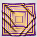 A square silk scarf featuring a geometric pattern of concentric squares in purple and yellow, displayed flat with soft folds on a white background.