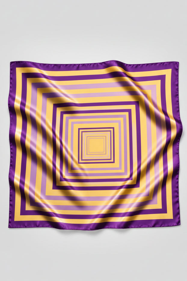 A square silk scarf featuring a geometric pattern of concentric squares in purple and yellow, displayed flat with soft folds on a white background.