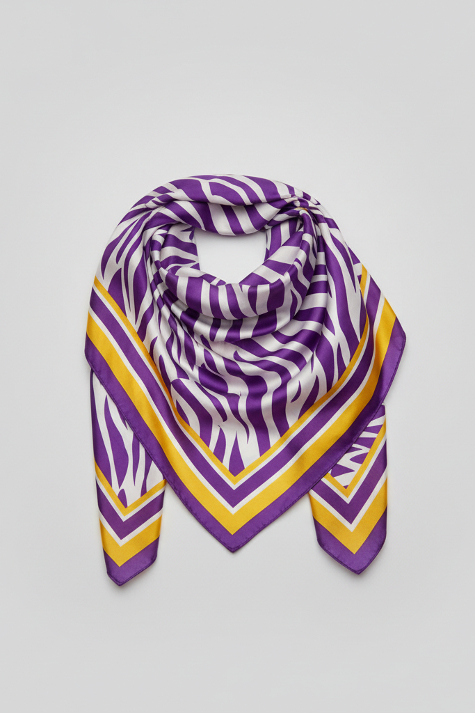 A square scarf with a purple and white zebra-like pattern and yellow geometric border stripes, displayed on a neutral light gray background.