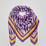 A square scarf with a purple and white zebra-like pattern and yellow geometric border stripes, displayed on a neutral light gray background.