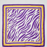27" square scarf with a purple and white zebra-stripe pattern and a purple, yellow, and white border.