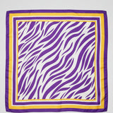 27" square scarf with a purple and white zebra-stripe pattern and a purple, yellow, and white border.