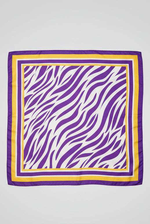 27" square scarf with a purple and white zebra-stripe pattern and a purple, yellow, and white border.