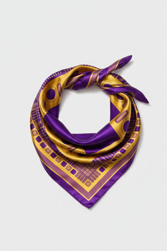 A square silk scarf with a purple and gold geometric border pattern, shown flat against a solid white background.