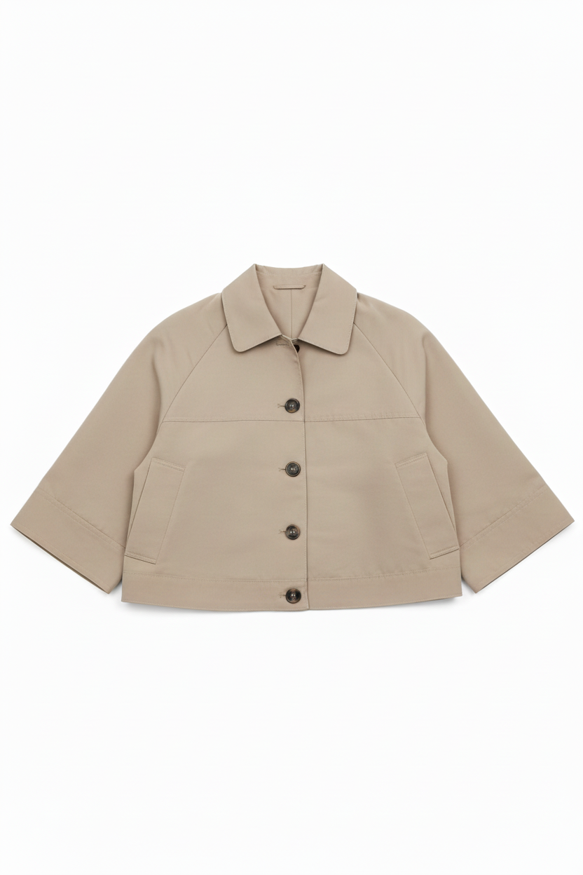 Beige jacket with button details on a white background