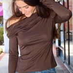 Steve Madden Ryder Knit Off the Shoulder Long Sleeve Top - Cream and Walnut Brown