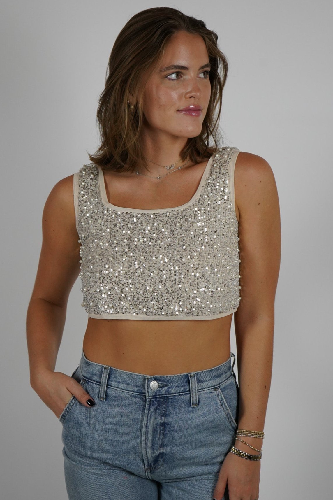 Sequin and pearl Cropped Top