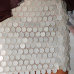 A close-up of a white beige sequined mini skirt covered in overlapping round silver discs, worn with a dark sheer top.